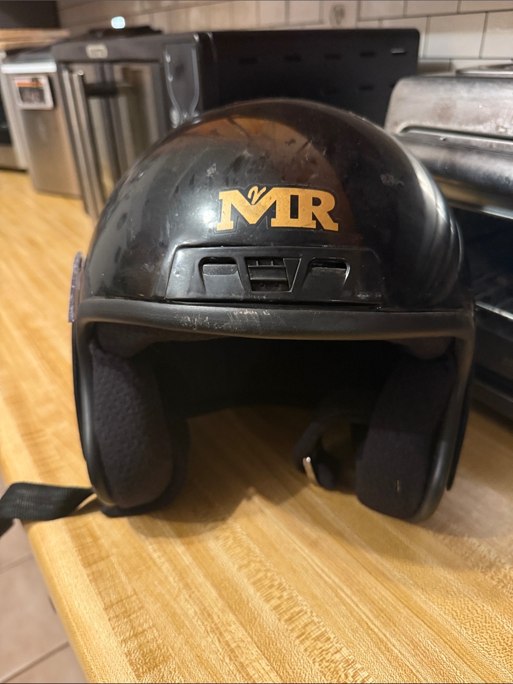 MR Open-Face Motorcycle Helmet in Black with Gold Logo